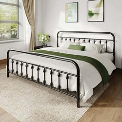 King Metal Platform Bed Frame with Vintage Pattern Headboard/Footboard, No Box Spring Needed, Black