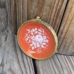 Aynsley Bone China Trinket Dish w/Brass Stand 4" White Rose Floral Burnt Orange 