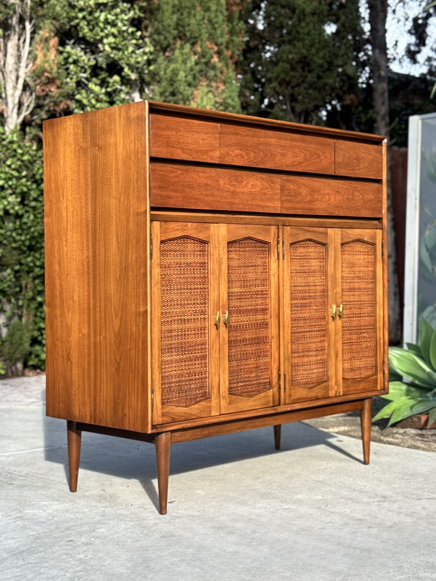 Mid Century Modern Walnut Cane Tall Dresser Gentleman's Chest Armoire 