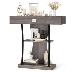 AS IS New Assembled Narrow Console Table T-Shaped - Behind Couch Table with Drawer, Shelves, Dual Anti-Tipping Kits, Modern Foyer Table, Sofa Side Tab