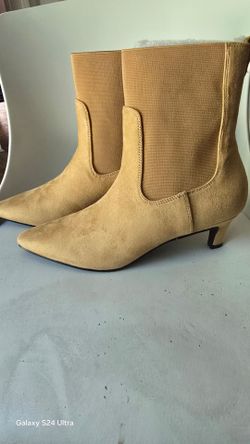Tan Suede Chelsea Ankle Boots with Kitten Heel