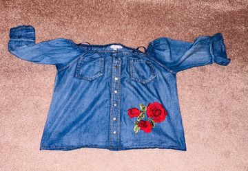 Denim Blouse with Rose Embroidery