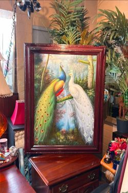 Beautiful oil on canvas peacock