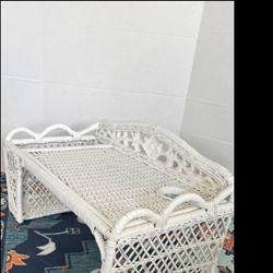 Vintage White Wicker Lap Tray Breakfast in Bed Tray. 27" x 11" x 15