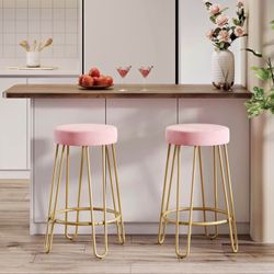 Set of 2 Pink Velvet Bar Stools with Gold Legs