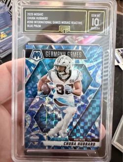 2025 Mosaic International Games Blue Reactive Prizm Chuba Hubbard, graded GMA 10 Gem Mint