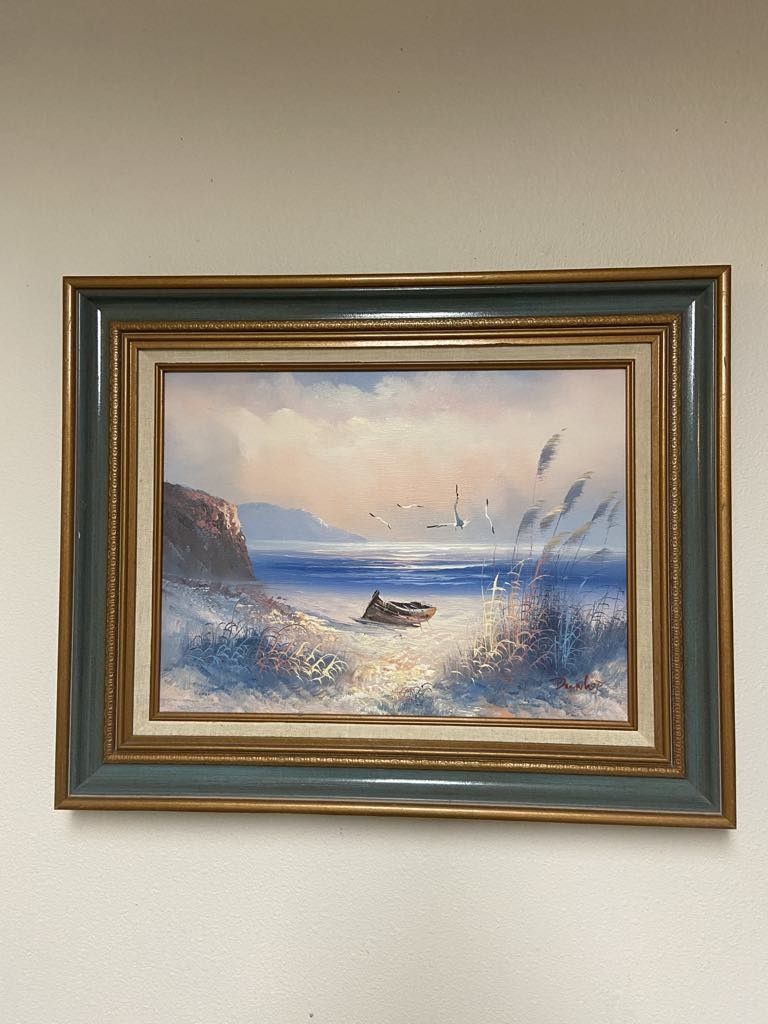 Vintage Oil Painting Beach  with signature of artist