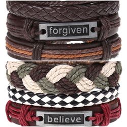 2 x Set Adjust. Size up to 9.5inc Leather Bracelet, (Forgiven-Believe_1)
