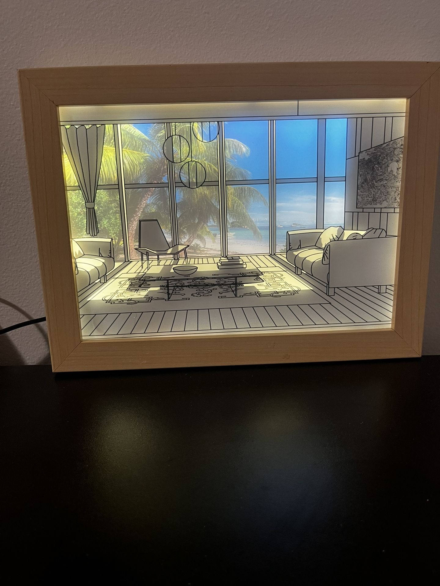 Generic LED Light Painting, Wooden Frame USB Powered Japan Anime Seaside Night Light Drawing Simulat
