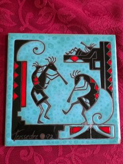Vintage Teissedre Kokopelli Art Tile  W 2 Native Men & Child Playing Flute