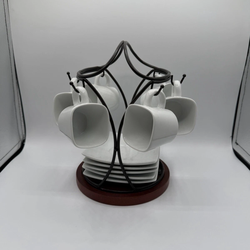 B Smith Espresso Cup Saucer Set w Metal Rack 6 White Ceramic Display Stand, New