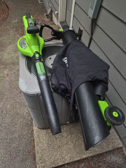 Greenworks blower and leaf grinder