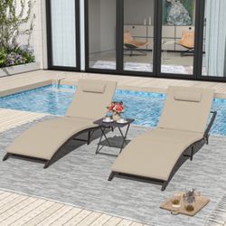 2-Piece Foldable "S"-Shaped Reclining Chaise Lounge Set With Adjustable Backrest And Foldable Rattan Coffee Table (Set of 2)