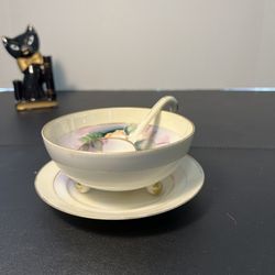 Meito China Vintage 1930s Handpainted Underplate Footed Condiment Bowl Ladle