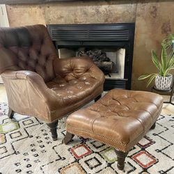 DELIVERY OPTION, Tufted Brown Leather Armchair with Ottoman