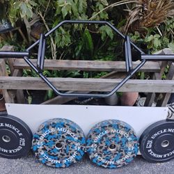 BUMPER PLATES (UNCLE MUSCLE (PAIRS OF) : 45s  &  25s  + OLYMPIC  HEX  SQUAT  BAR = 55 LBS. 