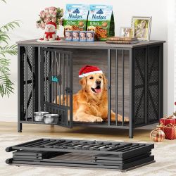 41.3" Dog Crates for Medium/Large Dogs, Wooden Dog Kennel Indoor with Tag & Adjustable Bowls, Dog Cage Use as End Table/TV Stand, Oak Grey