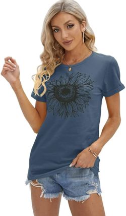 Cicy Bell Womens Sunflower Graphic T-Shirt – Casual Short Sleeve Top, Blue - NWT