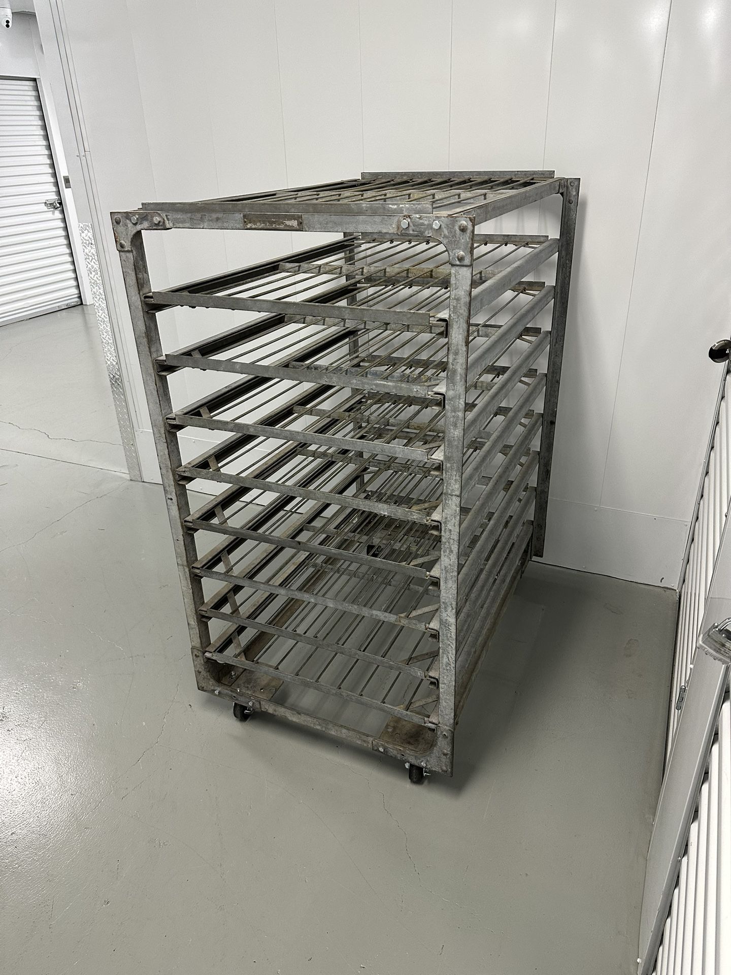 Vintage Union Galvanized Steel Bakery Rolling Rack - 9 Shelves