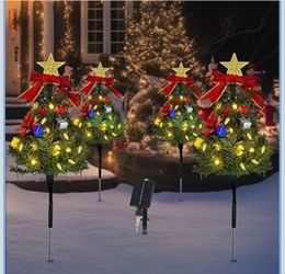 New Solar Christmas Tree Pathway Lights Outdoor, Set of 4 Solar Christmas Tree Stake Lights, 80 Outdoor LEDs Xmas Decor, Christmas Decor DIY Xmas Tree