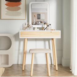 Makeup Vanity Desk with Lights,Small Vanity with Adjustable Brightness Mirror for Samll Spaces,Vanity Desk with Drawers (31.5", Square Mirror Wood)