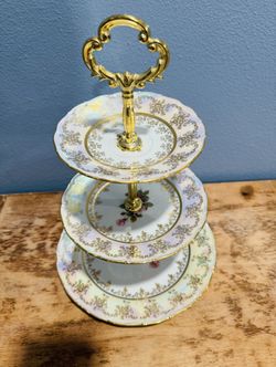 VINTAGE  CZECH REPUBLIC HANDPAINTED 3 TIER SERVING PLATES SET