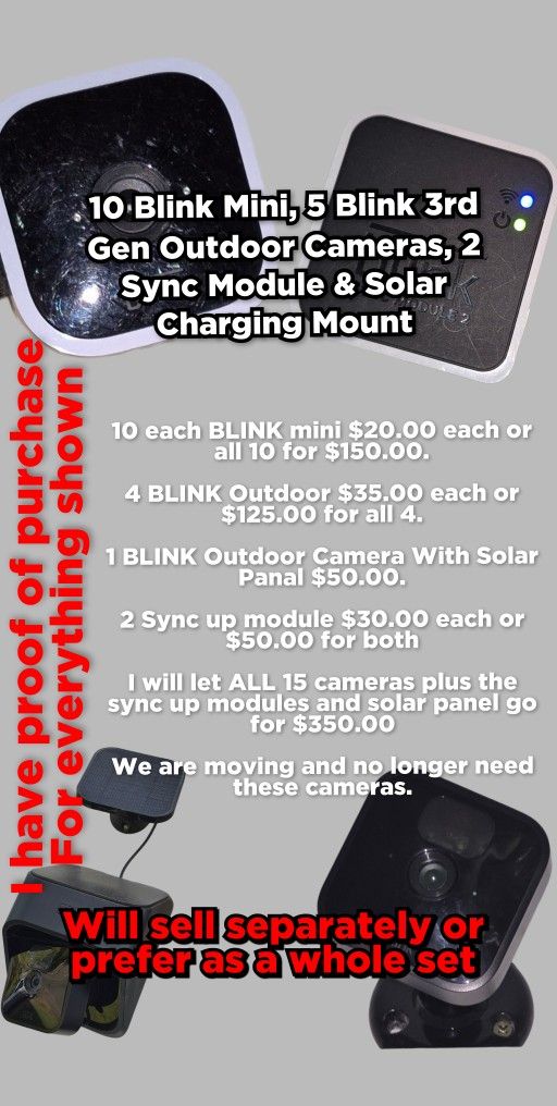 10 Blink Mini, 5 Blink 3rd Gen Outdoor Cameras, 2 Sync Module & Solar Charging Mount