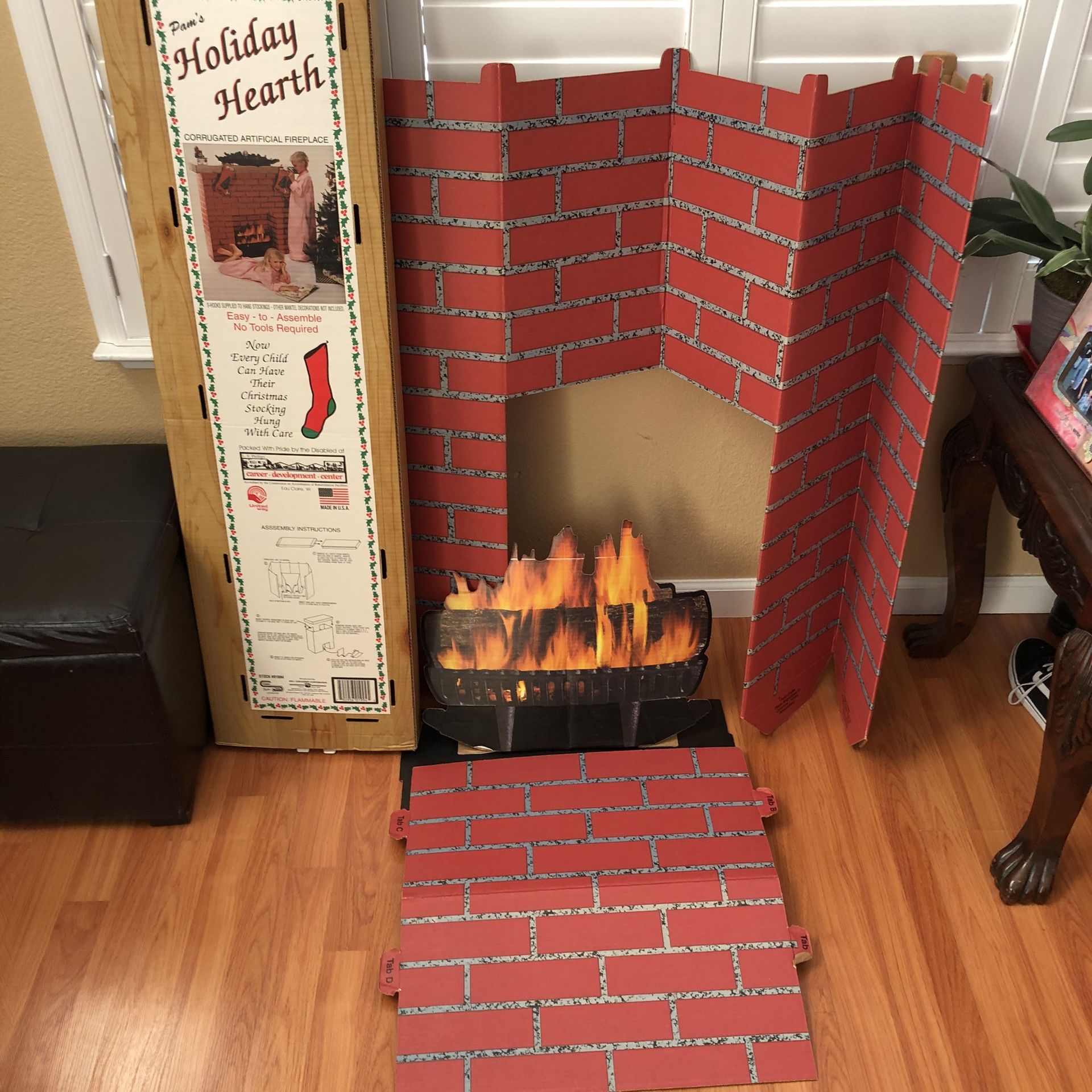 Vintage Cardboard Fireplace Pam’s Holiday Hearth, 47x40x13, Fake Artificial