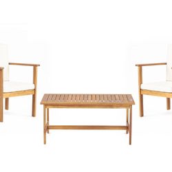 3-Piece Acacia Wood Chair Patio Conversation Set with Beige Cushions