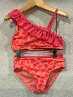 Cat & Jack Girls Pink Orange Heart Leopard Print Ruffle Bikini Swimsuit Set 5T