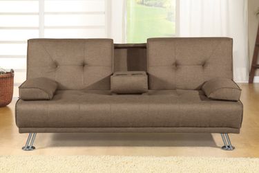 Brand new tan/gray/black 72" x 44" sofa bed with cup holder