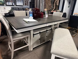 Stunning wood dining table set! $1499 🩶🤍✨