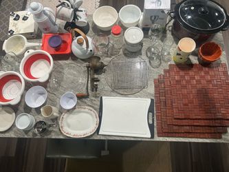 Lot of Assorted Dishes Kitchenware Plates Glasses Slow Cooker Cutting Board etc