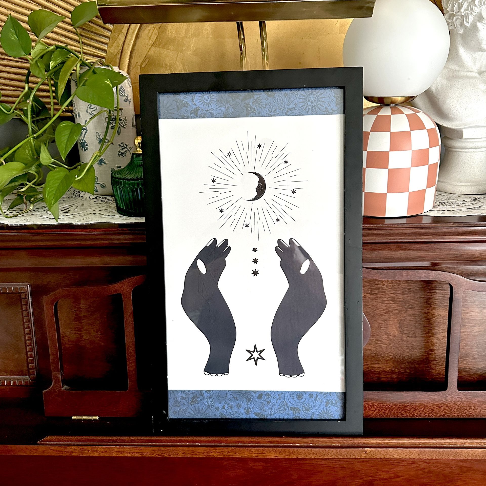 Divine Moon Hands Witchy Art Celestial Crescent Moon Star Canvas Print Framed 11.5x17”