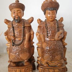 Hand Carved Solid Wood Chinese Royal Couple Statues – Set of 2