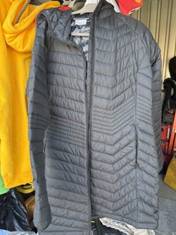 Columbia Powder Lite Mid Hooded Omni-Heat Jacket Black Long Puffer Coat Size  Large 