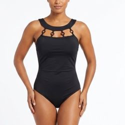 Jantzen Women's Black Wildlife Accent Ring Straps High Neck Swimsuit Plus Sz 16