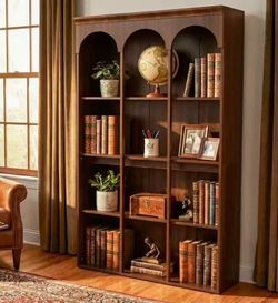 RY0409 5-Tier Arched Bookshelf, 71" Tall Wooden Bookcase, Mid-Century Modern Farmhouse Open Shelving Unit for Living Room, Freestanding Library Booksh