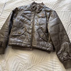 Rocawear Brown Leather Puffer Jacket Womens XL Cropped Y2K Bomber Zip