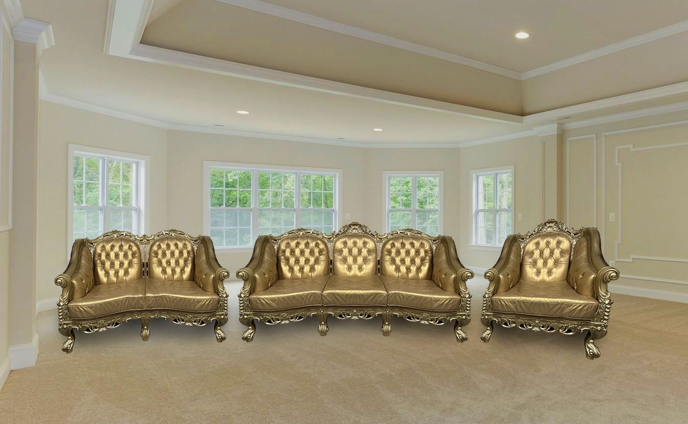French Tufted Gold Leather 3-Piece Sofa Set Couches