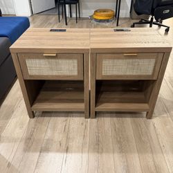 Nightstands Set of 2 with Charging Station Rattan Night Stand with Drawer Boho Bedside Table with USB and Type-C Ports Bed Side Tables for Bedroom Sma