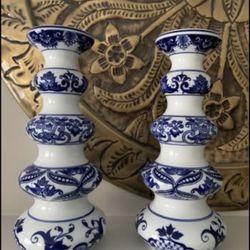 Large Blue and White Vintage Bombay and Co. Candle Holders