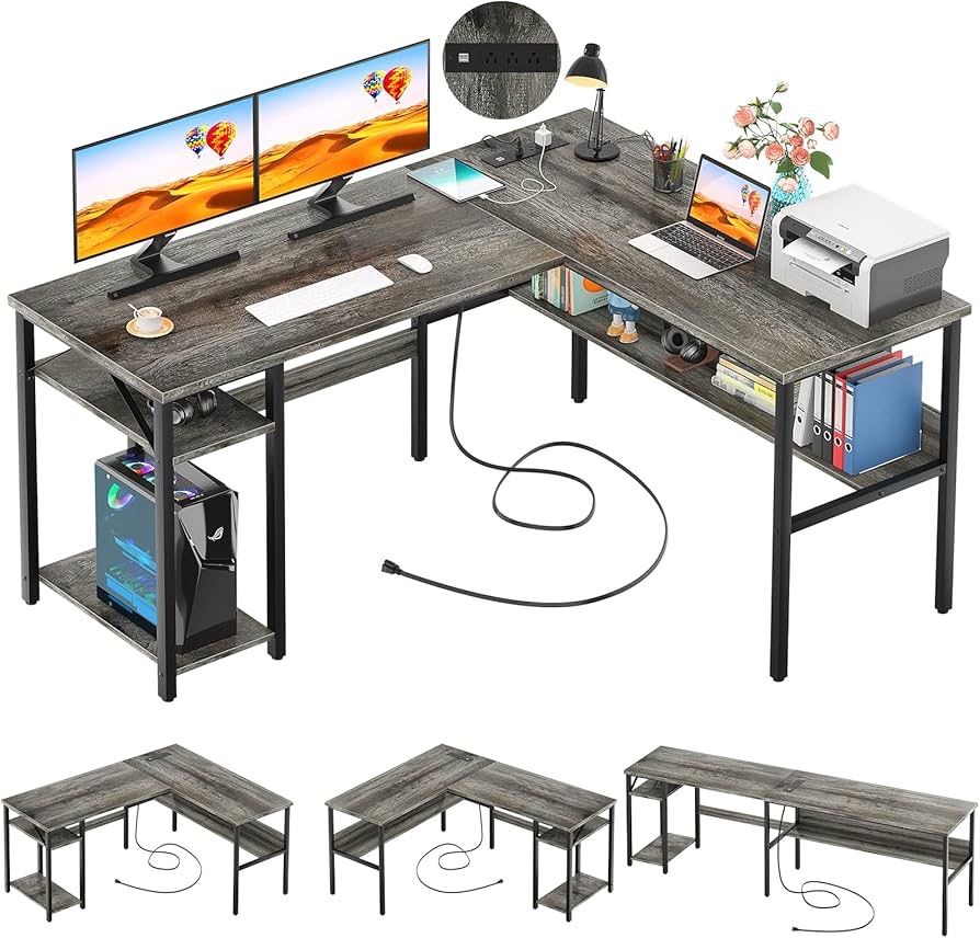 Reversible L Shaped Desk with Magic Power Outlets and USB Charging Ports, Sturdy Corner Computer Desk with Storage Shelves, Gaming Desk for Home Offic