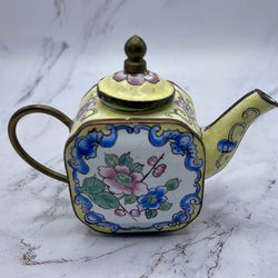 Vintage Chinemel B. Yee Miniature Teapot Copper & Painted  Flowers
