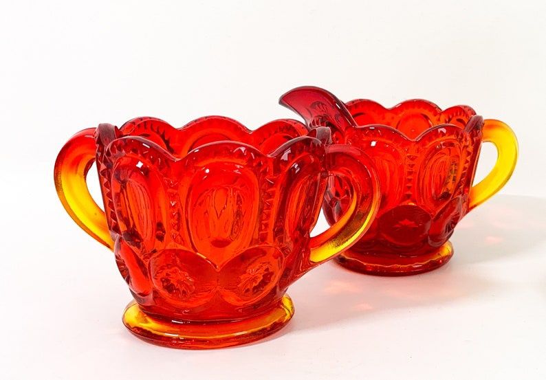 Vintage Amberina Red Glass Sugar & Creamer Moon and Stars