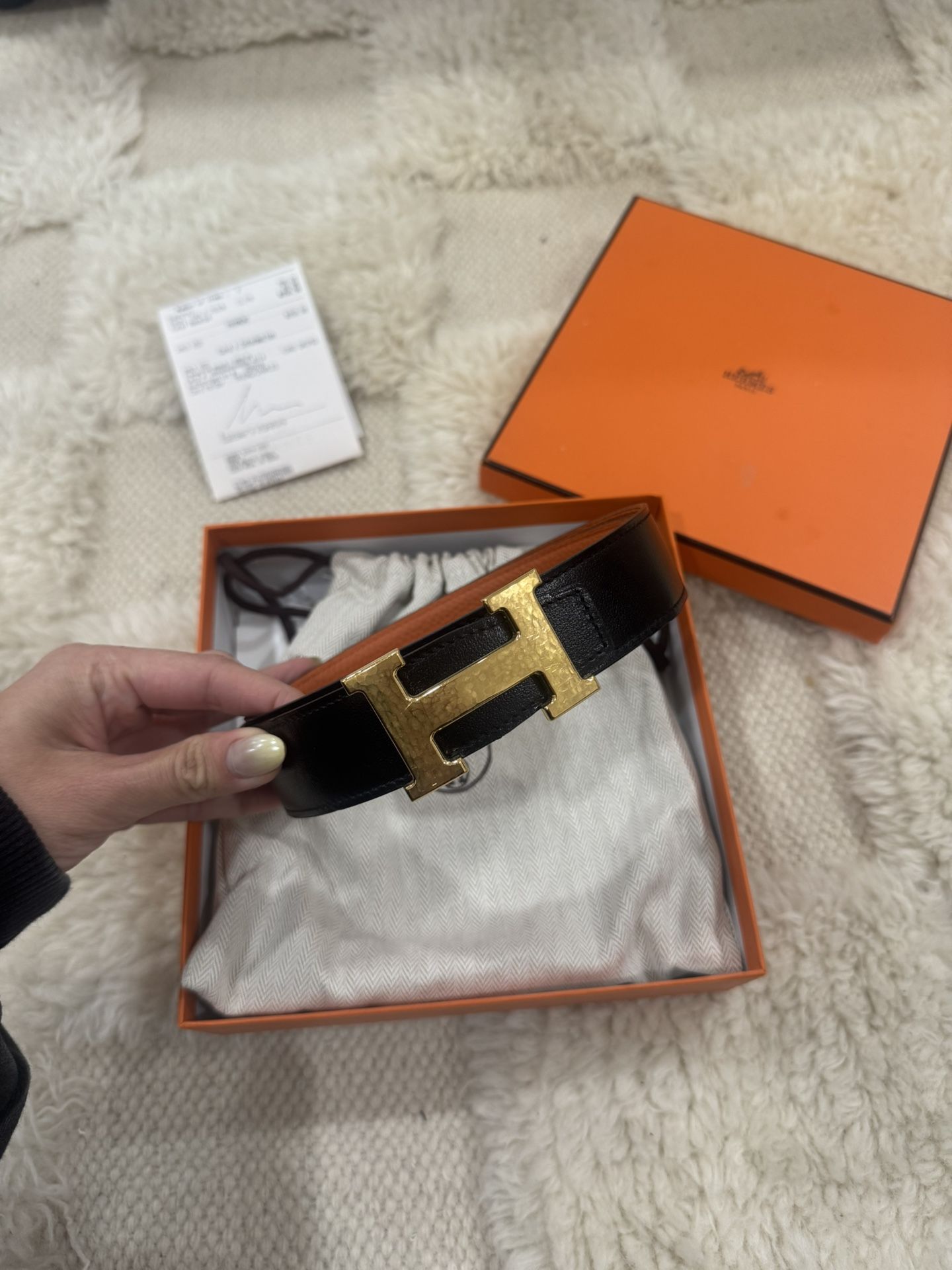 Hermès 32mm H Belt Kit Black & Orange reversible leather with hammered gold H buckle