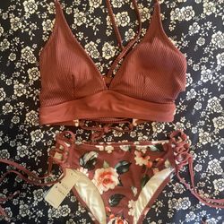 Floral Ribbed Strappy Bikini XS 