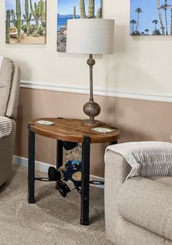 Industrial Round Faux Wood and Metal Side Table