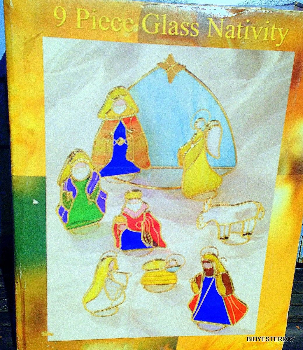 Vintage Christmas xmas stained glass nativity set ! MIB !