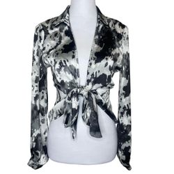 Blue B Collection Mettalic Open Front Collared Tie Long Sleeve Blouse Event Sz S